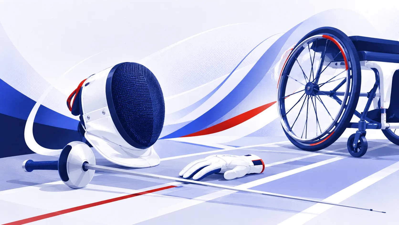 Illustration : masque, épée, gant et fauteuil d’escrime posés sur la piste