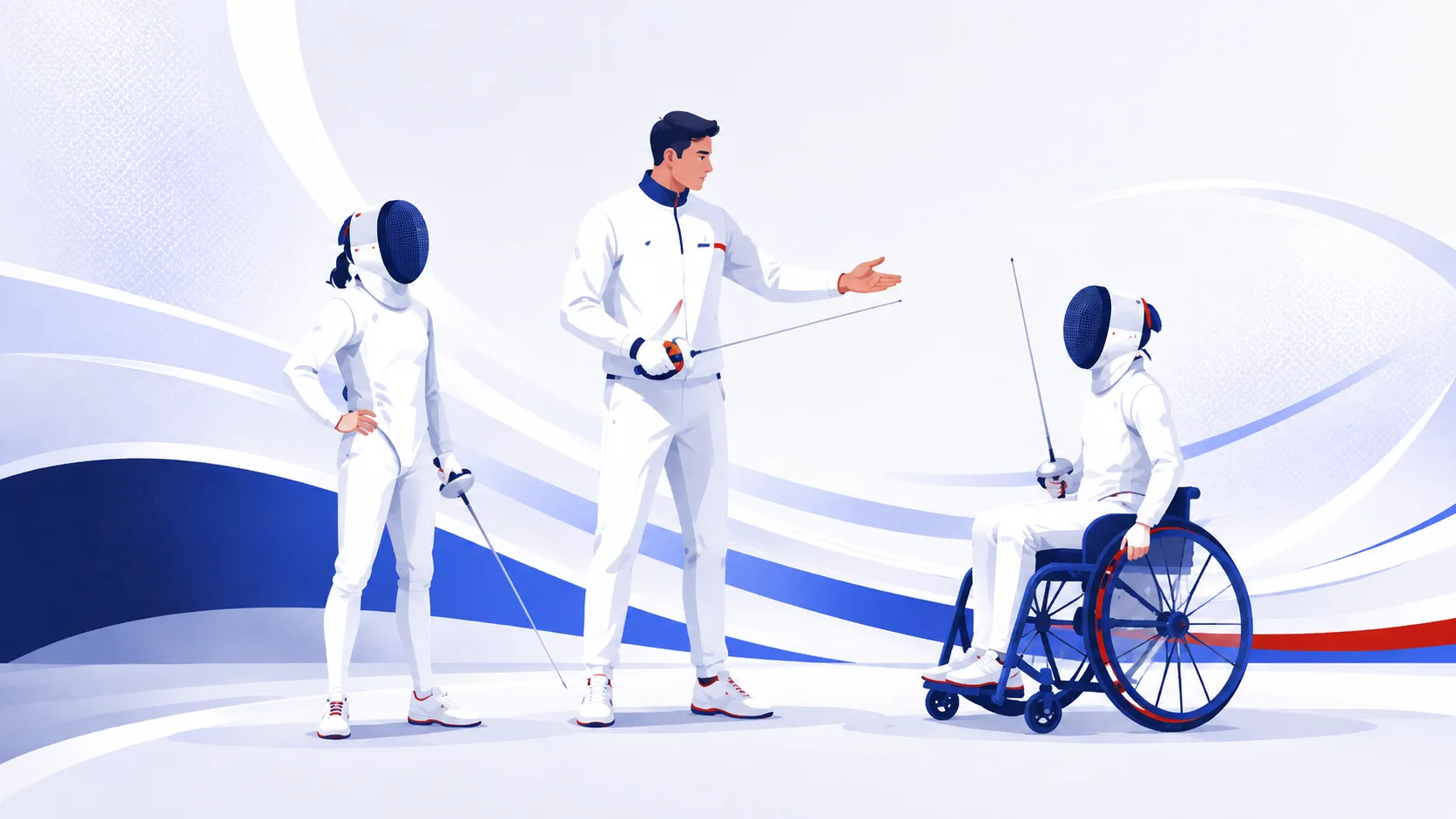 Illustration : le maître d’armes guide deux tireurs, l’un debout, l’autre en fauteuil